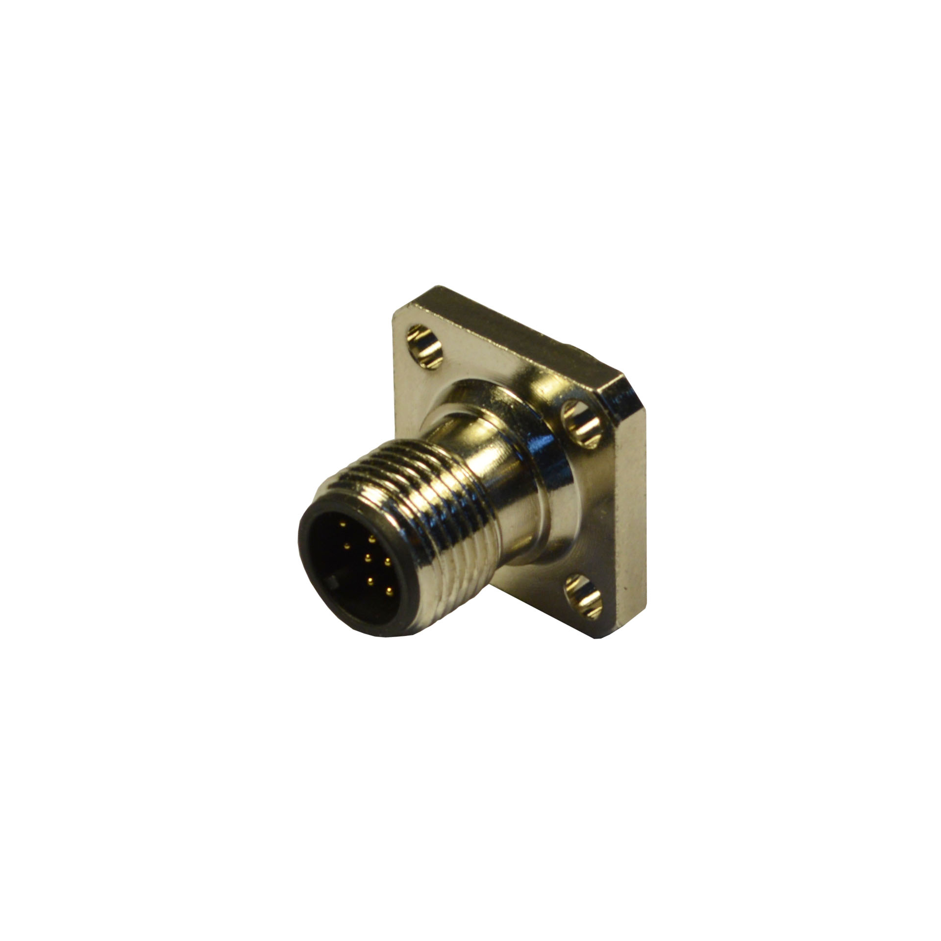 M12 to panel,male,frontal mounting with square flange 20x20mm,12p.,solder contacts